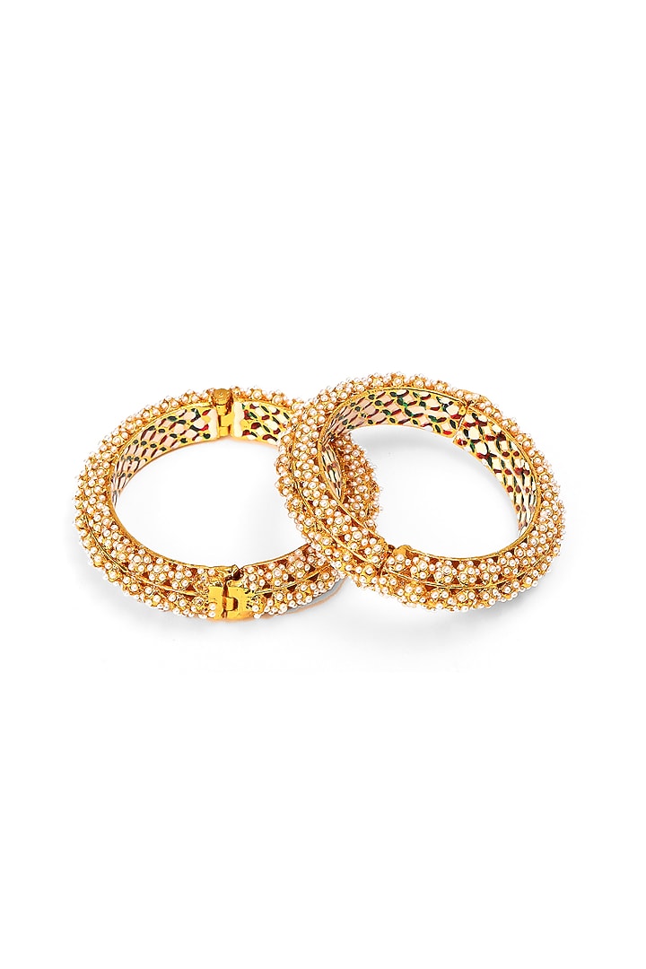 Gold Finish White Kundan Polki Bangles (Set Of 2) by Ruby Raang at Pernia's Pop Up Shop