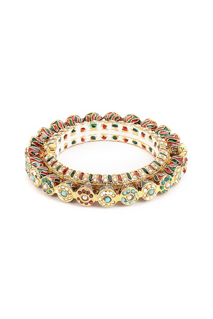 Gold Finish Multi-Colored Kundan Polki Bangles (Set Of 2) by Ruby Raang at Pernia's Pop Up Shop
