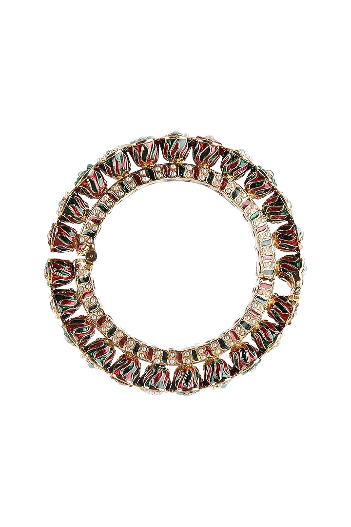 Gold Finish Multi-Colored Kundan Polki Bangles (Set Of 2) by Ruby Raang at Pernia's Pop Up Shop