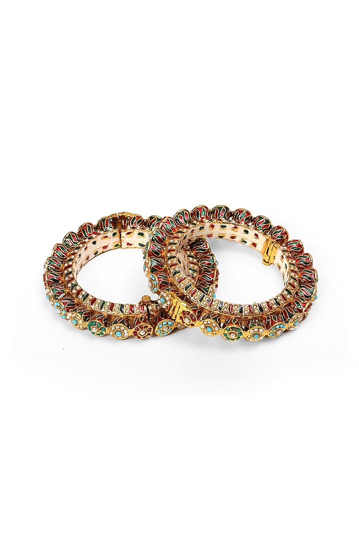 Gold Finish Multi-Colored Kundan Polki Bangles (Set Of 2) by Ruby Raang at Pernia's Pop Up Shop