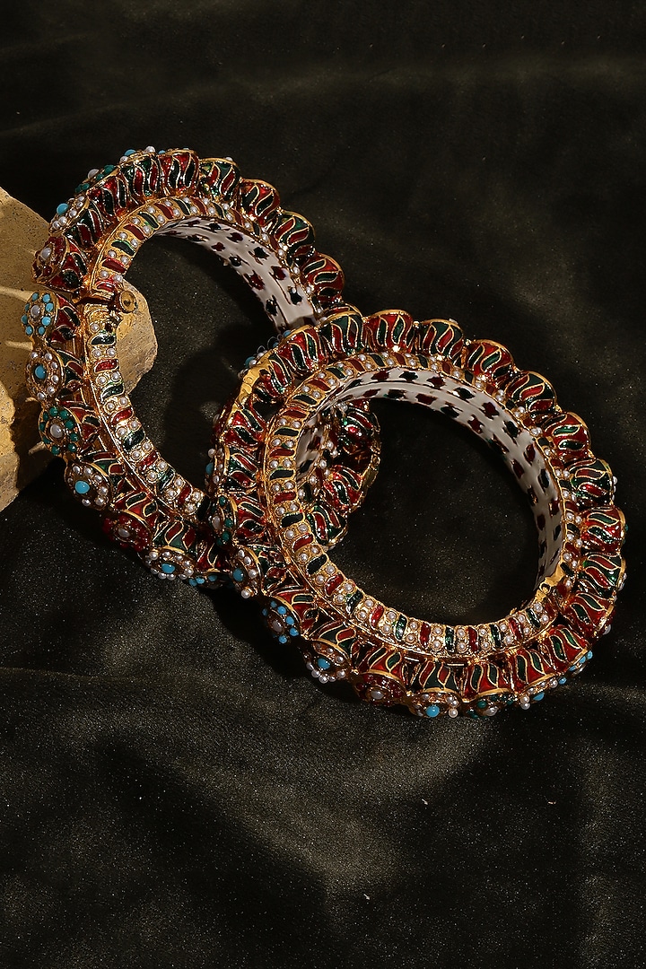 Gold Finish Multi-Colored Kundan Polki Bangles (Set Of 2) by Ruby Raang at Pernia's Pop Up Shop