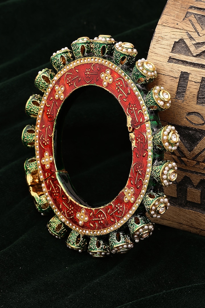 Gold Finish Multi-Colored Kundan Polki Bangle by Ruby Raang at Pernia's Pop Up Shop