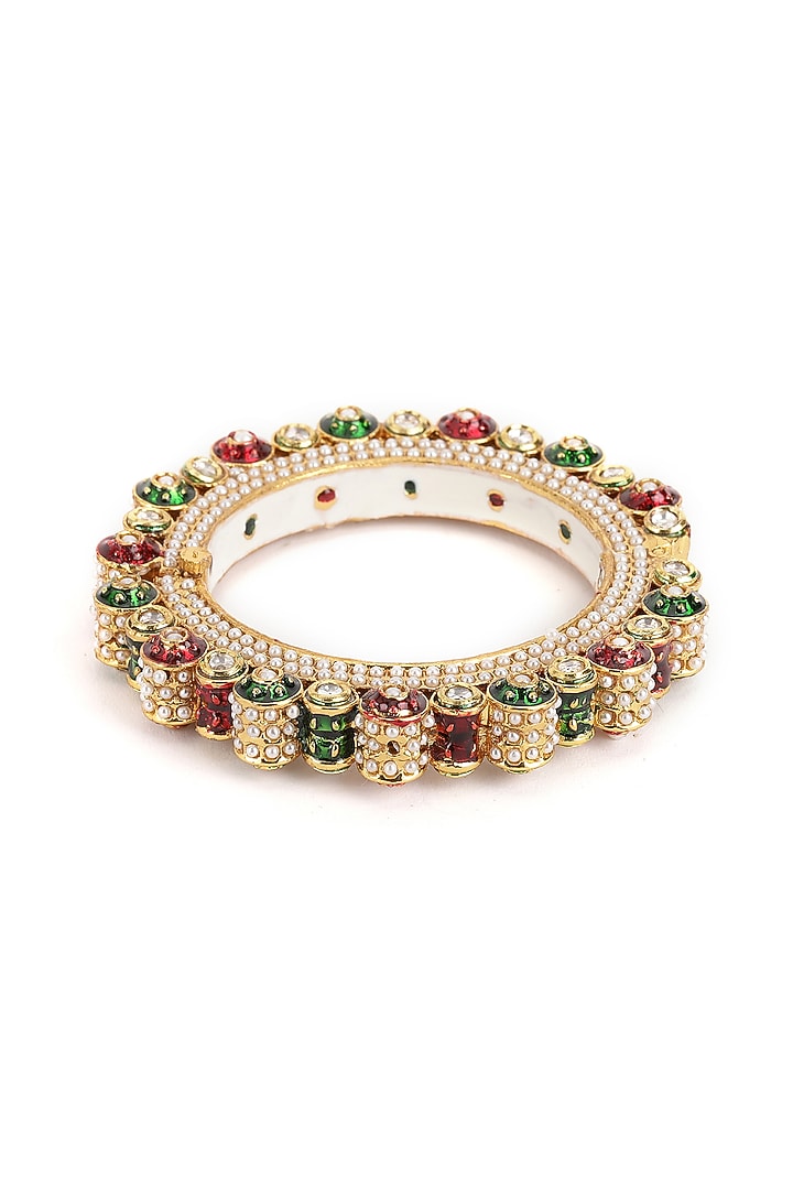 Gold Finish Multi-Colored Kundan Polki Bangle by Ruby Raang at Pernia's Pop Up Shop