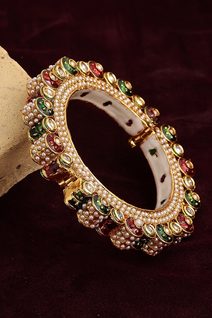 Gold Finish Multi-Colored Kundan Polki Bangle by Ruby Raang at Pernia's Pop Up Shop