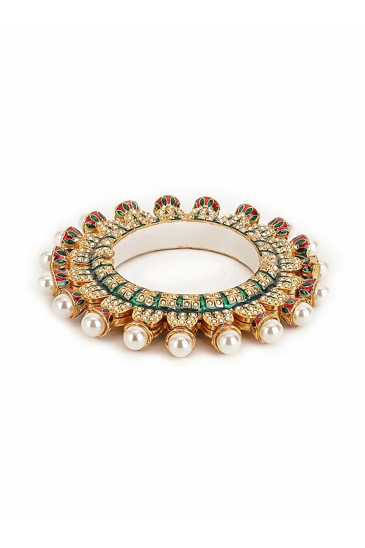 Gold Finish Multi-Colored Kundan Polki Bangle by Ruby Raang at Pernia's Pop Up Shop