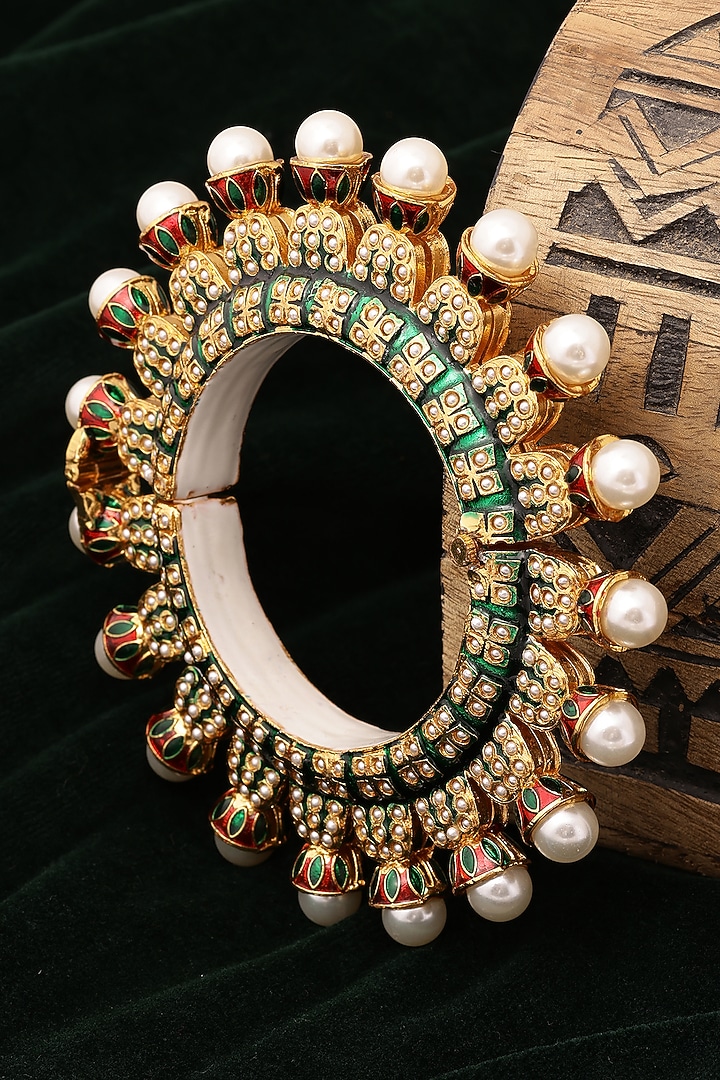 Gold Finish Multi-Colored Kundan Polki Bangle by Ruby Raang at Pernia's Pop Up Shop