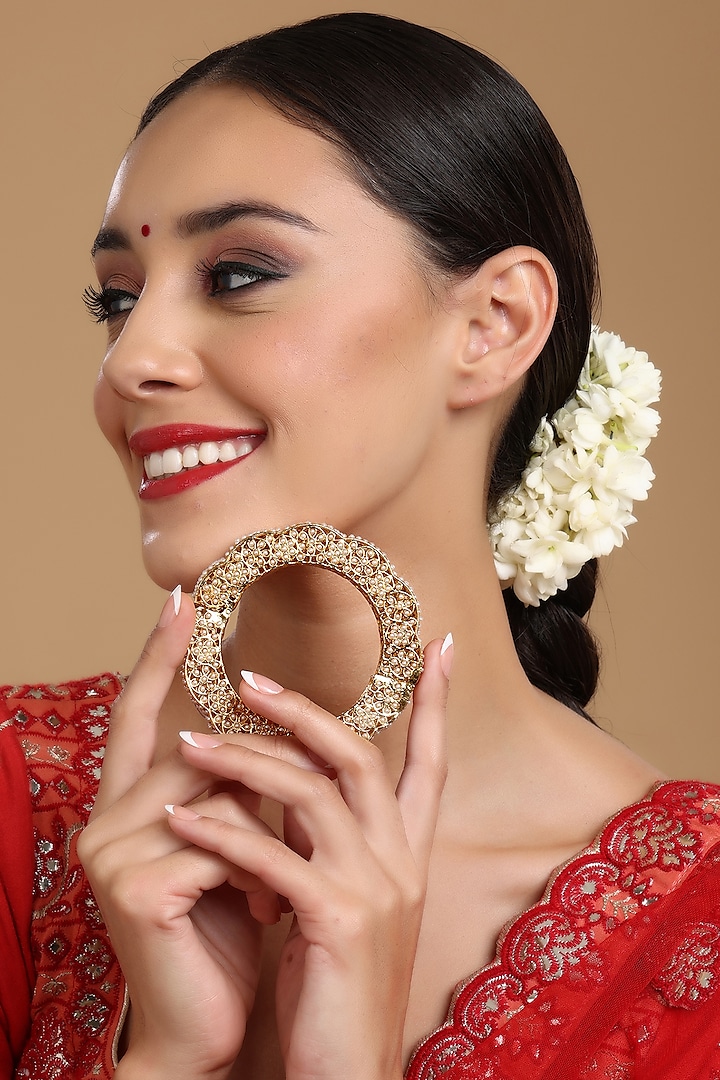 Gold Finish White Kundan Polki Bangle by Ruby Raang at Pernia's Pop Up Shop