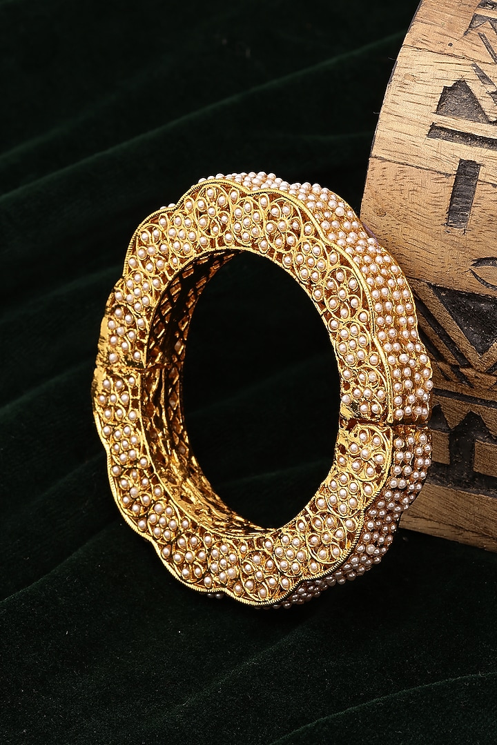 Gold Finish White Kundan Polki Bangle by Ruby Raang at Pernia's Pop Up Shop