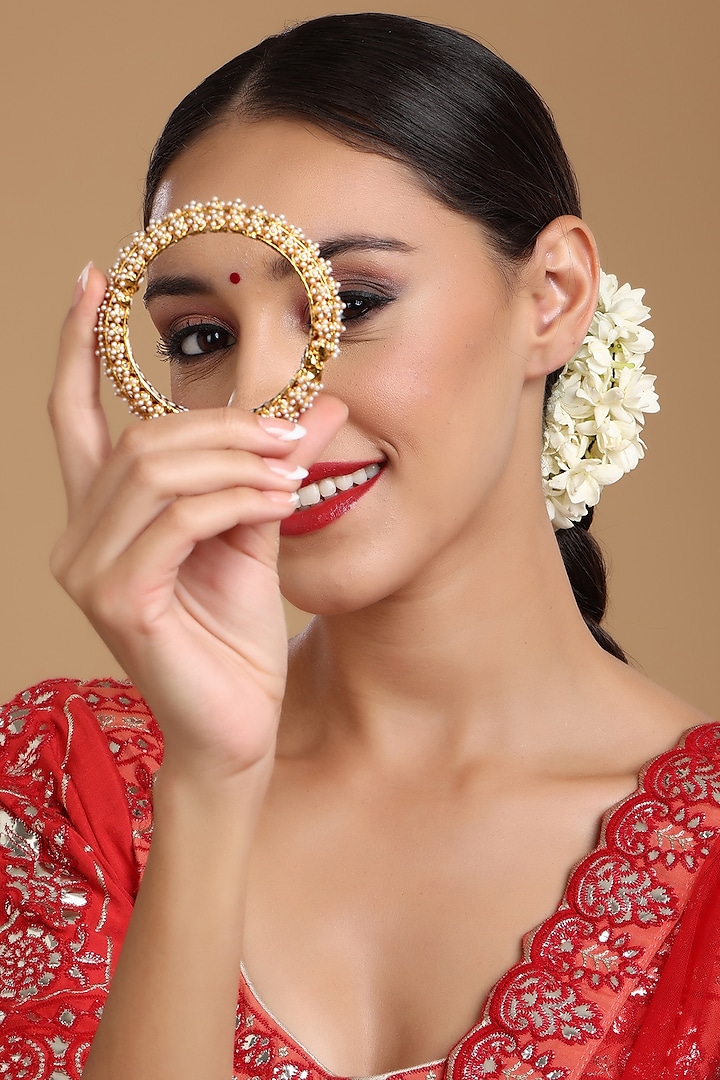 Gold Finish White Kundan Polki Bangle by Ruby Raang at Pernia's Pop Up Shop