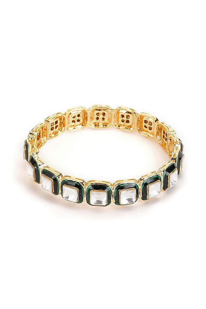 Gold Finish Green Kundan Polki Meenakari Bangles (Set Of 2) by Ruby Raang at Pernia's Pop Up Shop