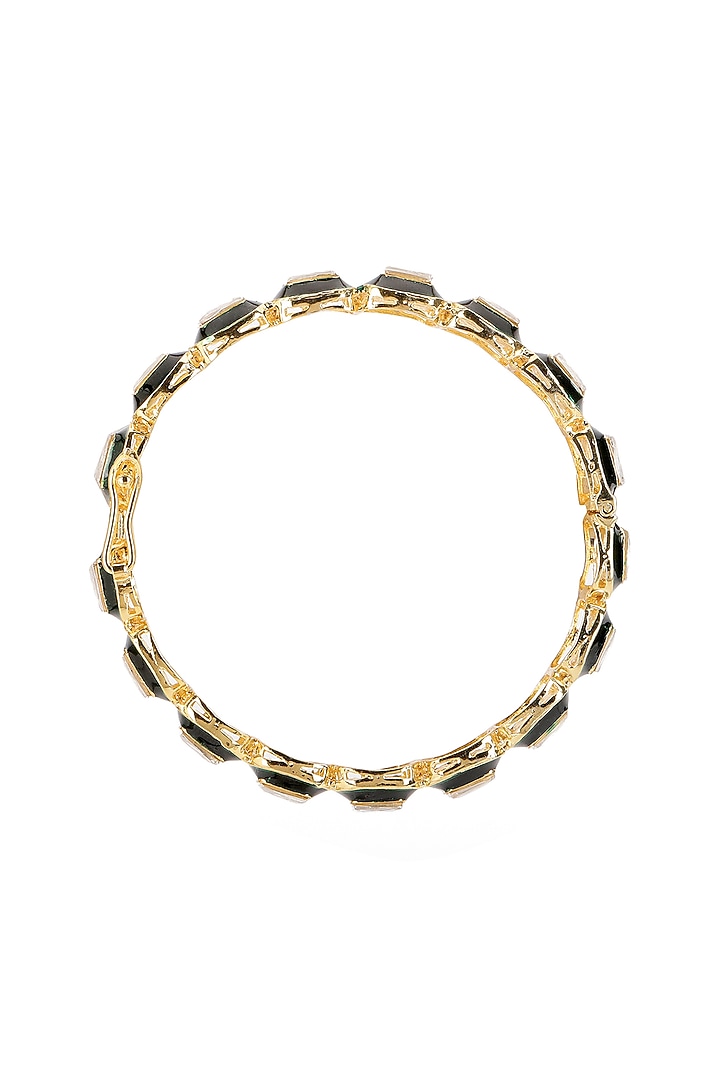 Gold Finish Green Kundan Polki Meenakari Bangles (Set Of 2) by Ruby Raang at Pernia's Pop Up Shop