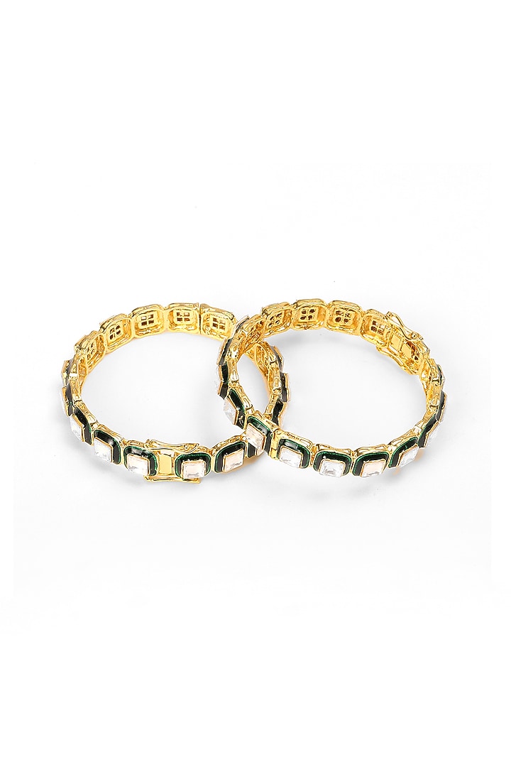 Gold Finish Green Kundan Polki Meenakari Bangles (Set Of 2) by Ruby Raang at Pernia's Pop Up Shop