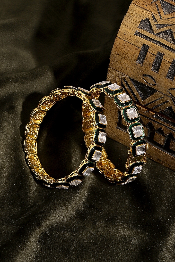 Gold Finish Green Kundan Polki Meenakari Bangles (Set Of 2) by Ruby Raang at Pernia's Pop Up Shop