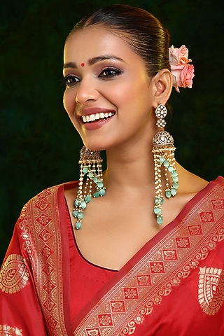 Oxidised Finish Kundan Polki & Pearl Jhumka Earrings by Ruby Raang