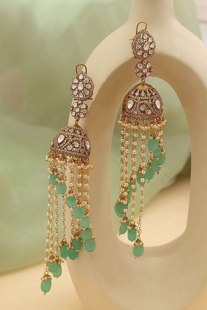 Oxidised Finish Kundan Polki & Pearl Jhumka Earrings by Ruby Raang at Pernia's Pop Up Shop