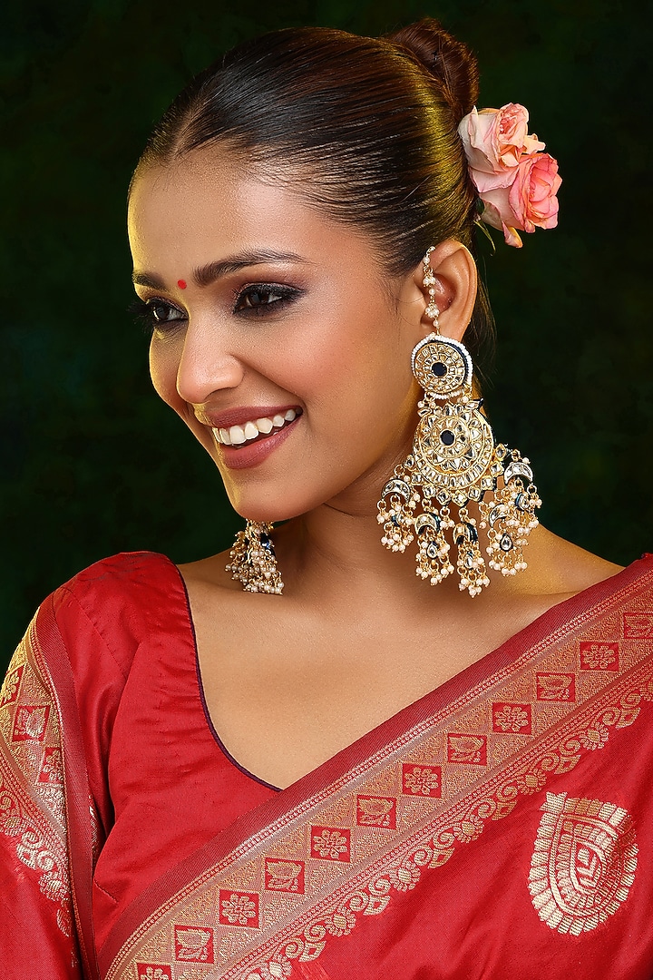 Gold Finish Kundan Polki & Pearl Chandbali Earrings by Ruby Raang at Pernia's Pop Up Shop