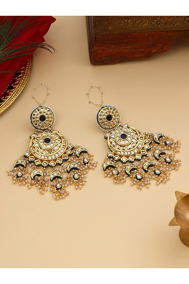 Gold Finish Kundan Polki & Pearl Chandbali Earrings by Ruby Raang at Pernia's Pop Up Shop