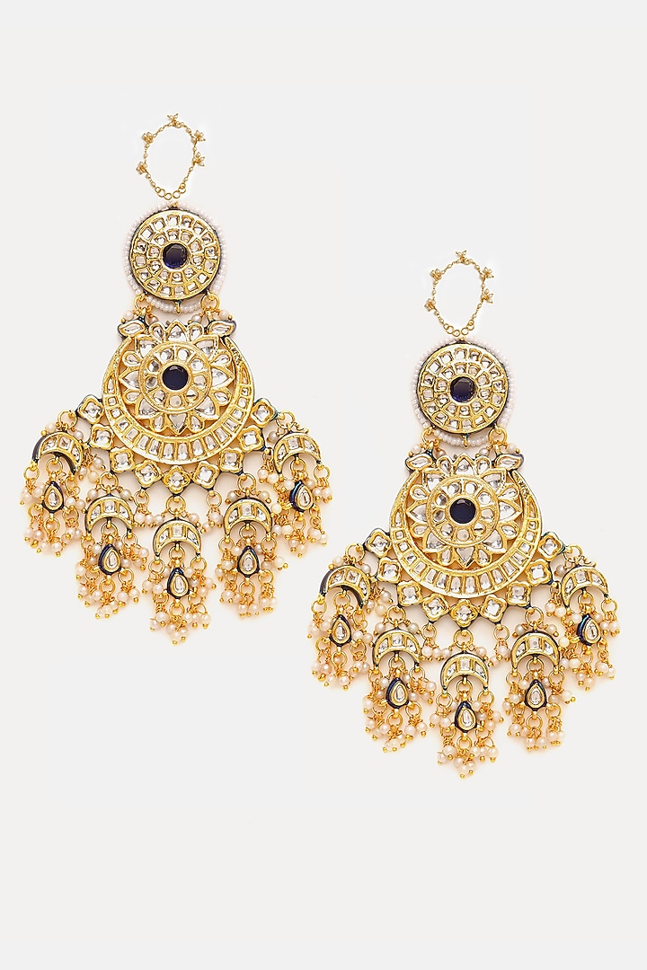 Gold Finish Kundan Polki & Pearl Chandbali Earrings by Ruby Raang at Pernia's Pop Up Shop