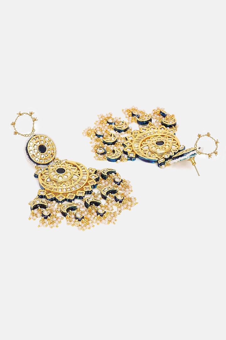 Gold Finish Kundan Polki & Pearl Chandbali Earrings by Ruby Raang at Pernia's Pop Up Shop