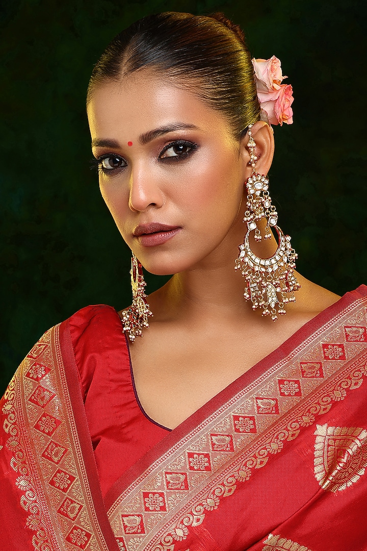 Gold Finish Kundan Polki & Pearl Chandbali Earrings by Ruby Raang at Pernia's Pop Up Shop