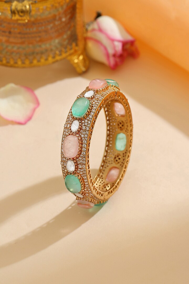 Gold Finish Multi-Colored Kundan Polki & Semi-Precious Stone Bracelet by Ruby Raang at Pernia's Pop Up Shop