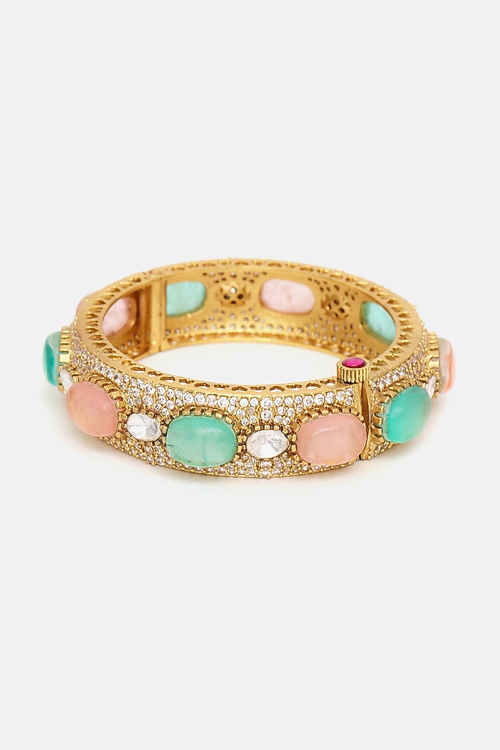 Gold Finish Multi-Colored Kundan Polki & Semi-Precious Stone Bracelet by Ruby Raang at Pernia's Pop Up Shop