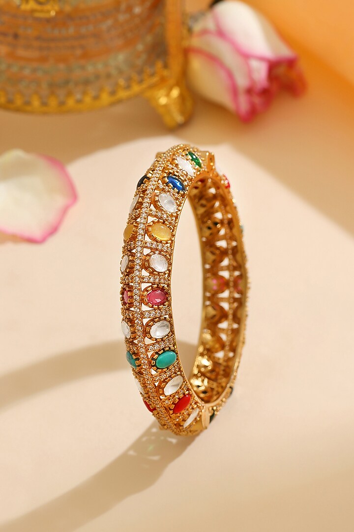 Gold Finish Multi-Colored Kundan Polki & Semi-Precious Stone Bracelet by Ruby Raang at Pernia's Pop Up Shop