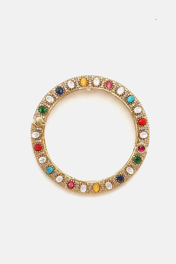 Gold Finish Multi-Colored Kundan Polki & Semi-Precious Stone Bracelet by Ruby Raang at Pernia's Pop Up Shop