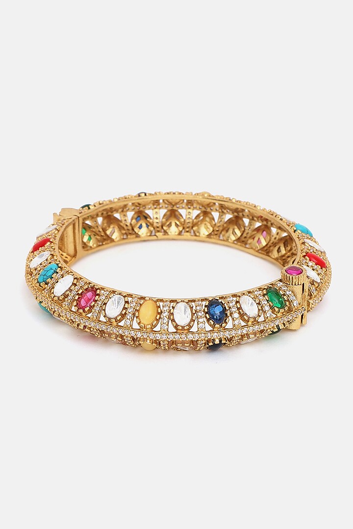 Gold Finish Multi-Colored Kundan Polki & Semi-Precious Stone Bracelet by Ruby Raang at Pernia's Pop Up Shop