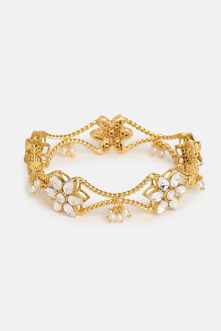 Gold Finish Kundan Polki & Pearl Bracelet by Ruby Raang at Pernia's Pop Up Shop