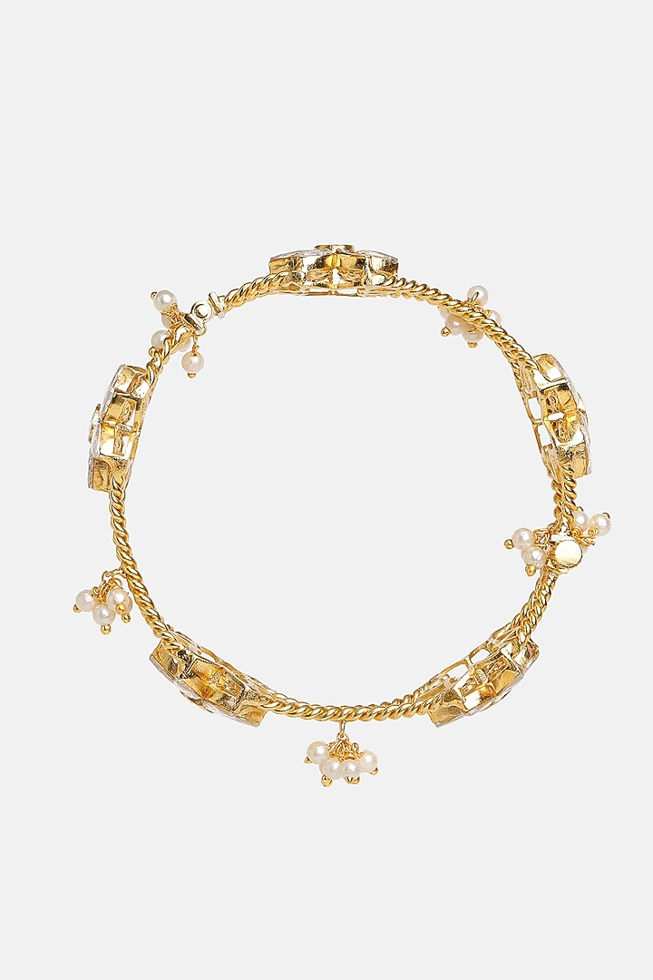 Gold Finish Kundan Polki & Pearl Bracelet by Ruby Raang at Pernia's Pop Up Shop