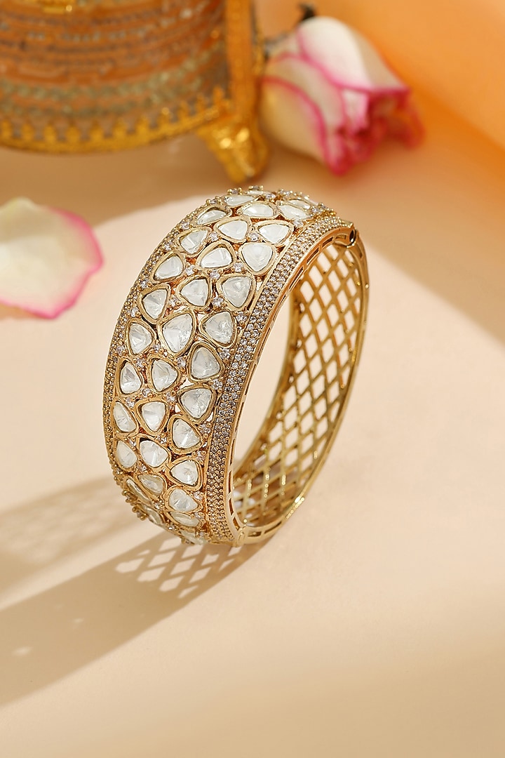 Gold Finish Kundan Polki Bracelet by Ruby Raang at Pernia's Pop Up Shop