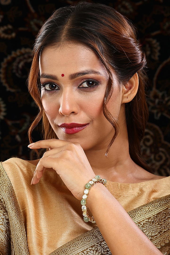 Gold Finish Kundan Polki & Semi-Precious Stone Bracelet by Ruby Raang at Pernia's Pop Up Shop
