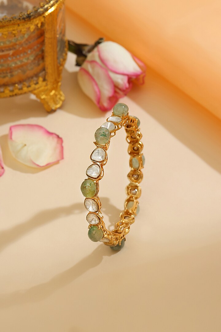 Gold Finish Kundan Polki & Semi-Precious Stone Bracelet by Ruby Raang at Pernia's Pop Up Shop