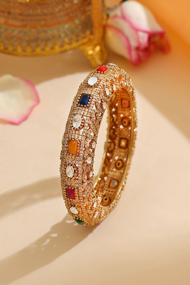 Gold Finish Kundan Polki & Semi-Precious Stone Bracelet by Ruby Raang at Pernia's Pop Up Shop