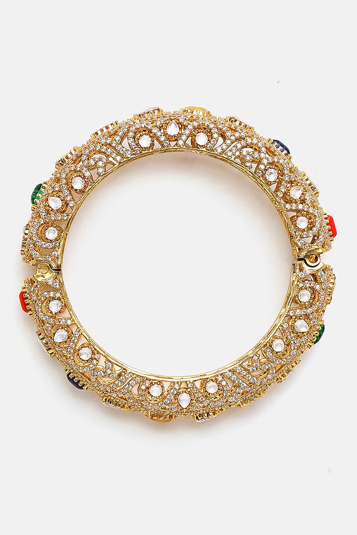 Gold Finish Kundan Polki & Semi-Precious Stone Bracelet by Ruby Raang at Pernia's Pop Up Shop