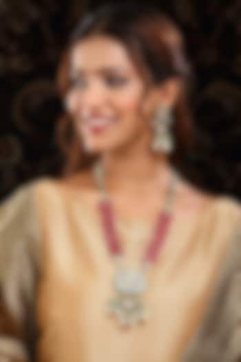 Gold Finish Kundan Polki & Pearl Long Necklace Set by Ruby Raang at Pernia's Pop Up Shop