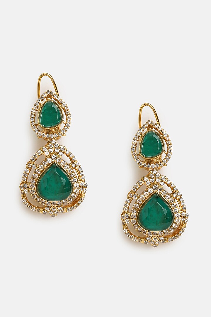 Gold Finish Moissanite & Emerald Stone Layered Necklace Set by Ruby Raang at Pernia's Pop Up Shop
