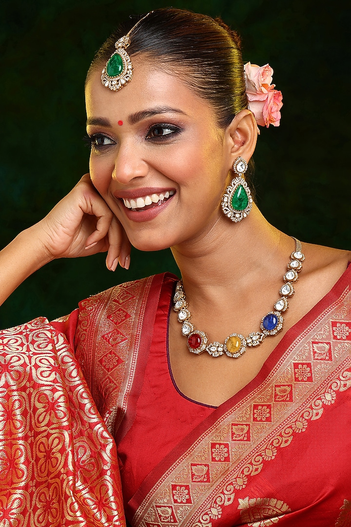 Gold Finish Moissanite & Multi-colored Semi-Precious Stone Necklace Set by Ruby Raang at Pernia's Pop Up Shop