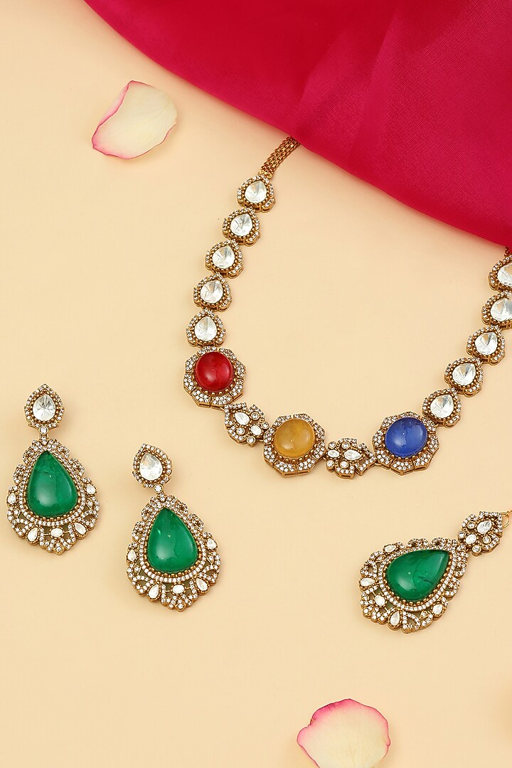 Gold Finish Moissanite & Multi-colored Semi-Precious Stone Necklace Set by Ruby Raang at Pernia's Pop Up Shop