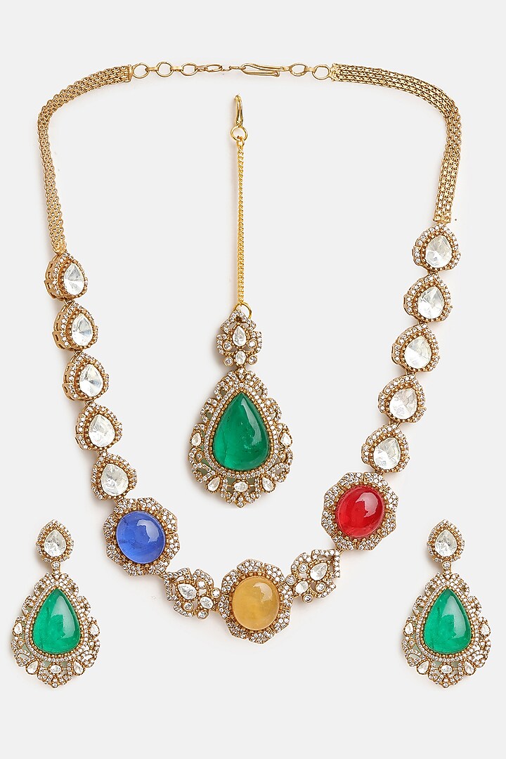 Gold Finish Moissanite & Multi-colored Semi-Precious Stone Necklace Set by Ruby Raang at Pernia's Pop Up Shop