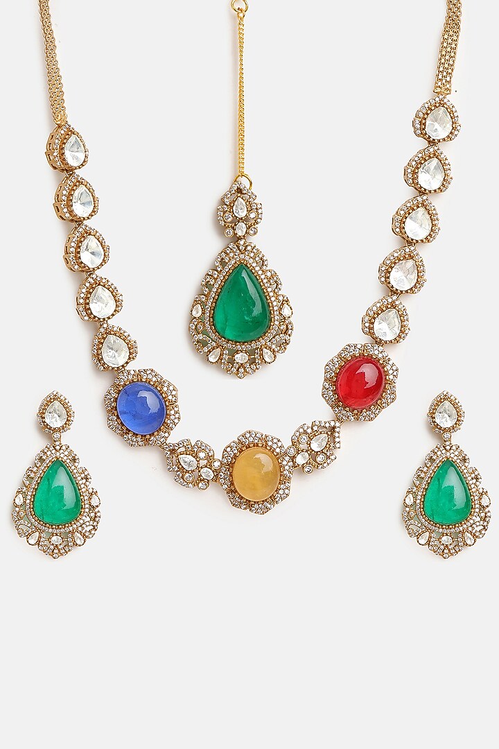 Gold Finish Moissanite & Multi-colored Semi-Precious Stone Necklace Set by Ruby Raang at Pernia's Pop Up Shop