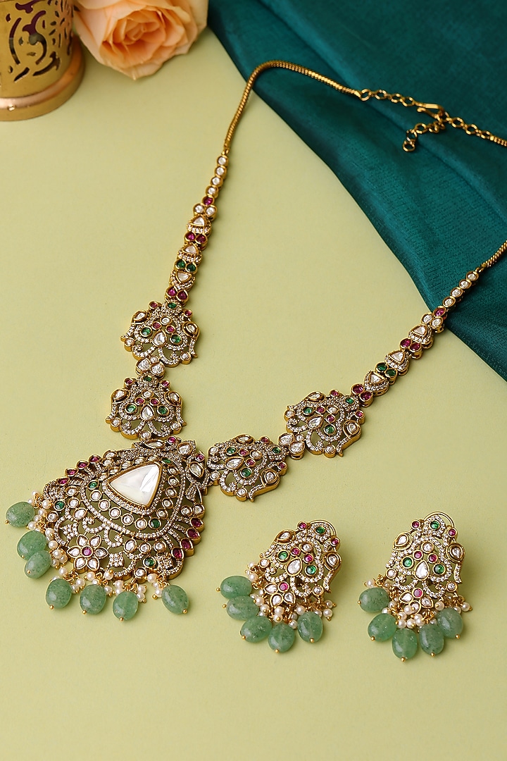 Oxidised Gold Finish Moissanite & Semi-Precious Stone Long Necklace Set by Ruby Raang at Pernia's Pop Up Shop