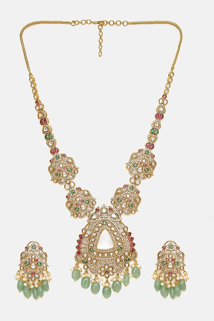 Oxidised Gold Finish Moissanite & Semi-Precious Stone Long Necklace Set by Ruby Raang at Pernia's Pop Up Shop
