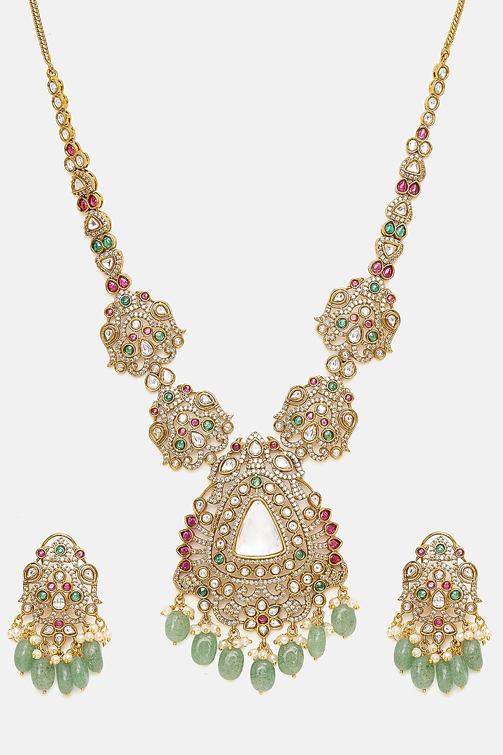 Oxidised Gold Finish Moissanite & Semi-Precious Stone Long Necklace Set by Ruby Raang at Pernia's Pop Up Shop