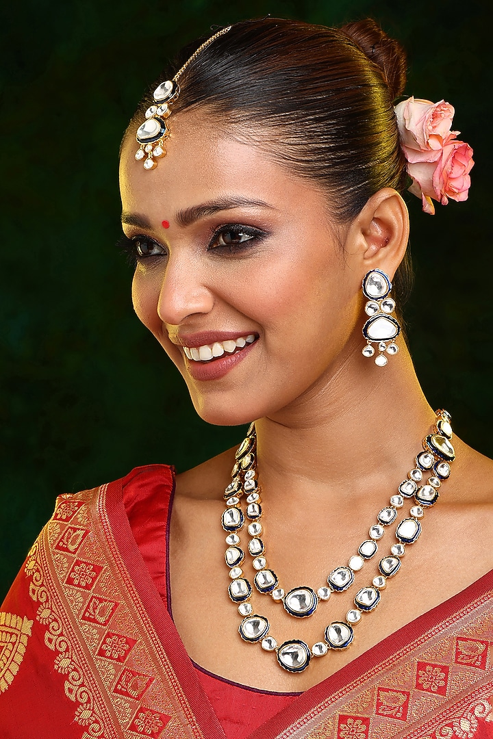 Gold Finish Blue Meenakari Kundan Polki Layered Necklace Set by Ruby Raang at Pernia's Pop Up Shop