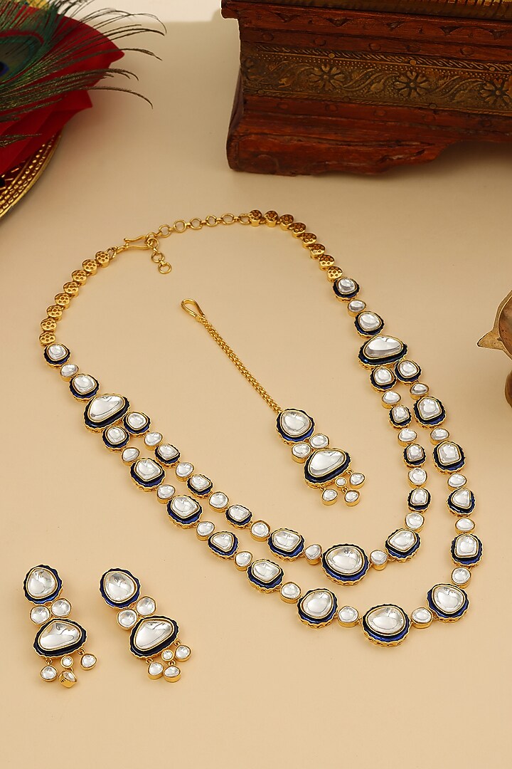 Gold Finish Blue Meenakari Kundan Polki Layered Necklace Set by Ruby Raang at Pernia's Pop Up Shop