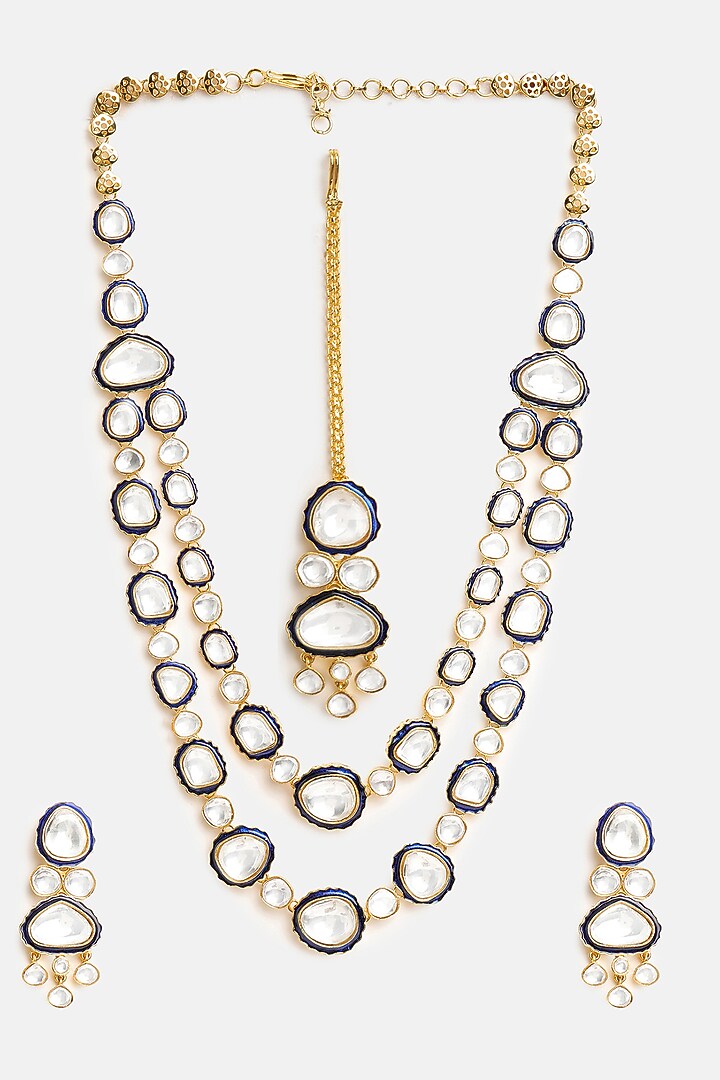 Gold Finish Blue Meenakari Kundan Polki Layered Necklace Set by Ruby Raang at Pernia's Pop Up Shop
