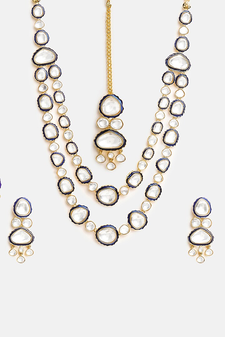 Gold Finish Blue Meenakari Kundan Polki Layered Necklace Set by Ruby Raang at Pernia's Pop Up Shop