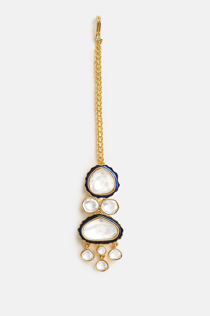 Gold Finish Blue Meenakari Kundan Polki Layered Necklace Set by Ruby Raang at Pernia's Pop Up Shop
